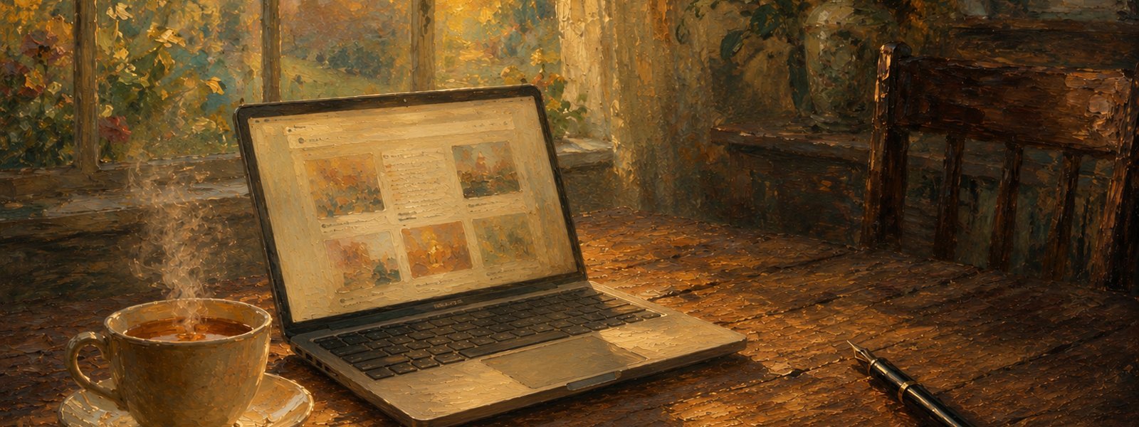 A painterly desk scene with a laptop showing social media posts