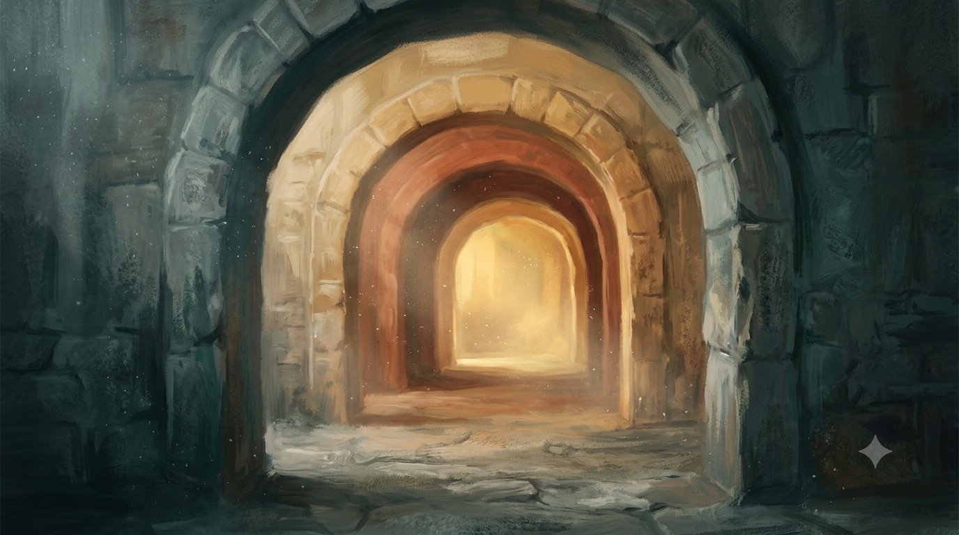 Painterly stone archways receding toward warm light — passing through the levels of development