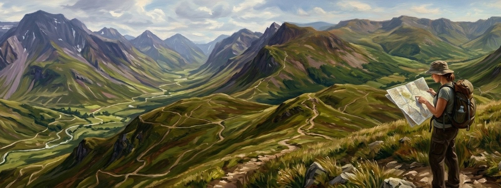 A hiker consulting a map on a mountain overlook, painterly illustration