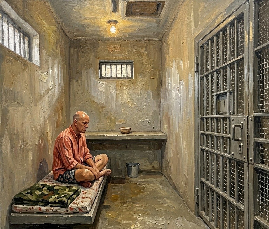 Painting of a man sitting cross-legged on a bunk in a small cell