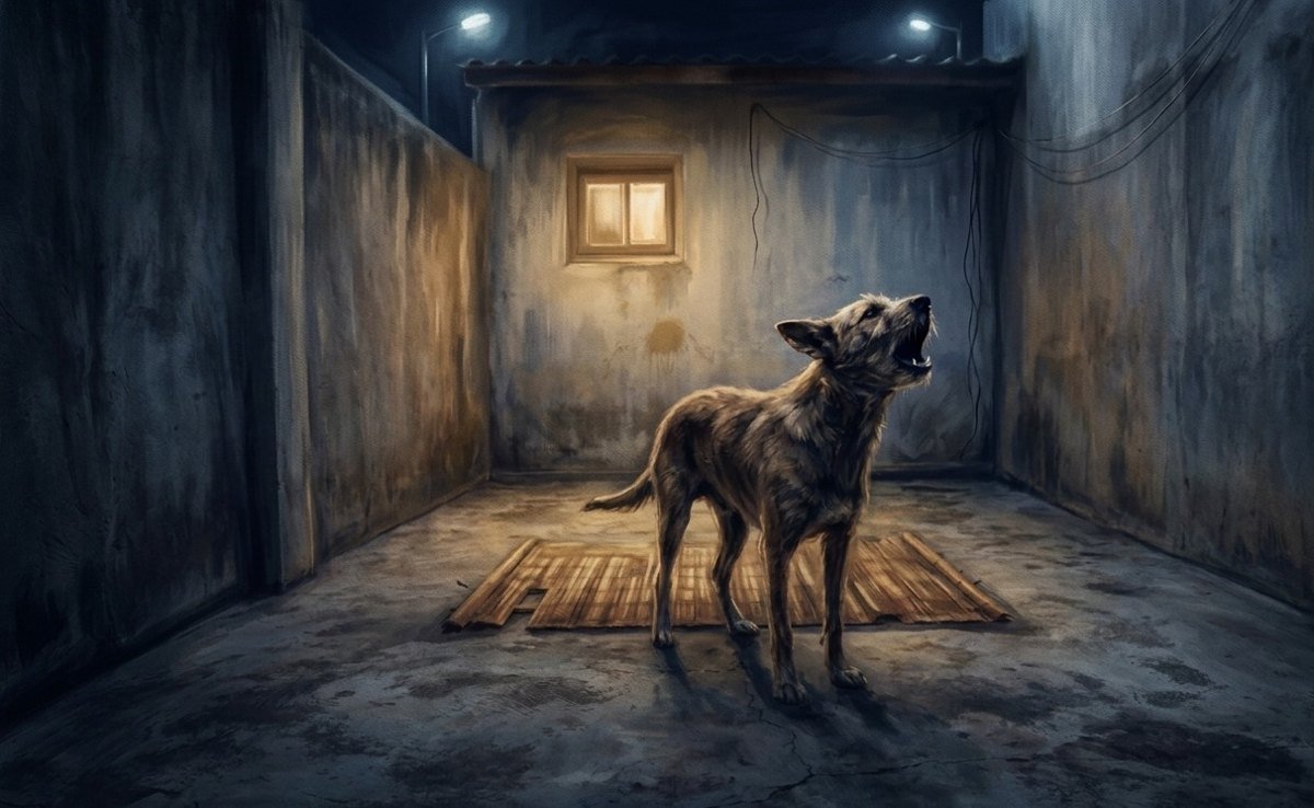 Painting of a dog howling alone in a walled yard at night