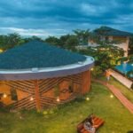 Aerial view of Mala Dhara eco-resort and rice fields, Chiang Mai, Thailand