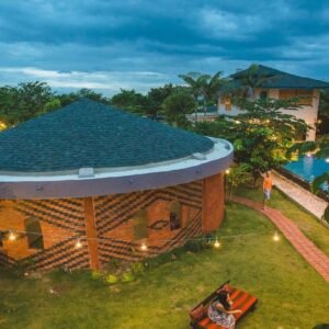 Aerial view of Mala Dhara eco-resort and rice fields, Chiang Mai, Thailand