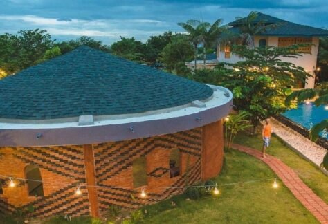 Aerial view of Mala Dhara eco-resort and rice fields, Chiang Mai, Thailand