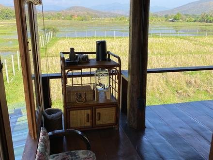 The Teak House deck looking over the paddies