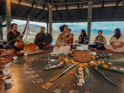 A cacao and kirtan ceremony in the open-air shala at Mala Dhara