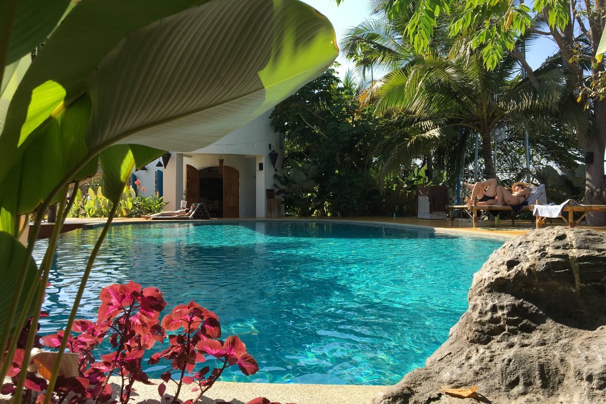The saltwater pool at Mala Dhara, edged with rock and tropical planting